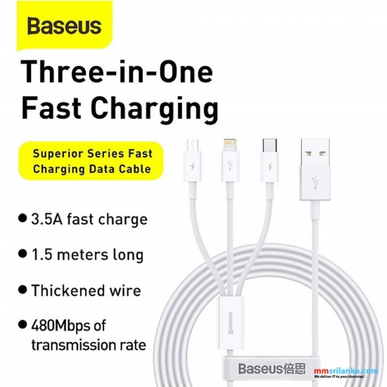 Baseus M+L+C 3.5A 1.5m Superior Series Fast Charging Data Cable White (6M)